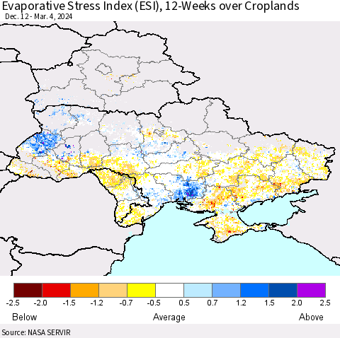 Ukraine, Moldova and Belarus Evaporative Stress Index (ESI), 12-Weeks over Croplands Thematic Map For 3/4/2024 - 3/10/2024