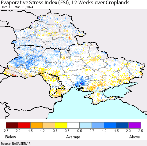 Ukraine, Moldova and Belarus Evaporative Stress Index (ESI), 12-Weeks over Croplands Thematic Map For 3/11/2024 - 3/17/2024