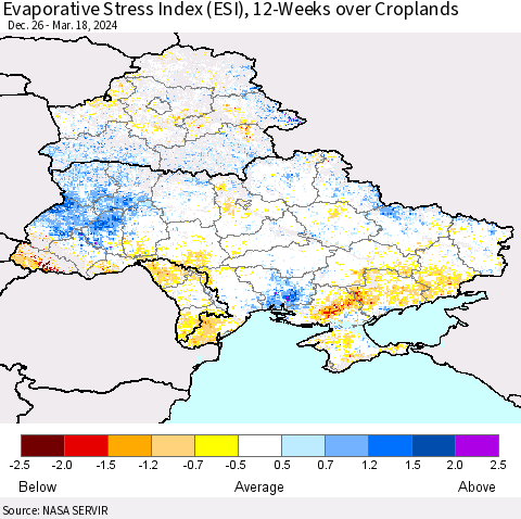 Ukraine, Moldova and Belarus Evaporative Stress Index (ESI), 12-Weeks over Croplands Thematic Map For 3/18/2024 - 3/24/2024