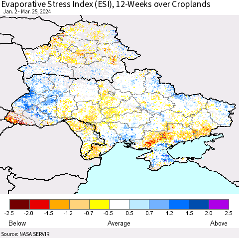 Ukraine, Moldova and Belarus Evaporative Stress Index (ESI), 12-Weeks over Croplands Thematic Map For 3/25/2024 - 3/31/2024