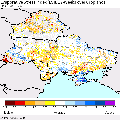 Ukraine, Moldova and Belarus Evaporative Stress Index (ESI), 12-Weeks over Croplands Thematic Map For 4/1/2024 - 4/7/2024