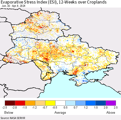 Ukraine, Moldova and Belarus Evaporative Stress Index (ESI), 12-Weeks over Croplands Thematic Map For 4/8/2024 - 4/14/2024