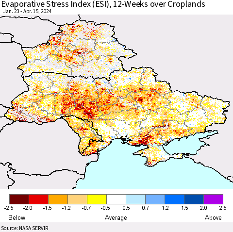 Ukraine, Moldova and Belarus Evaporative Stress Index (ESI), 12-Weeks over Croplands Thematic Map For 4/15/2024 - 4/21/2024