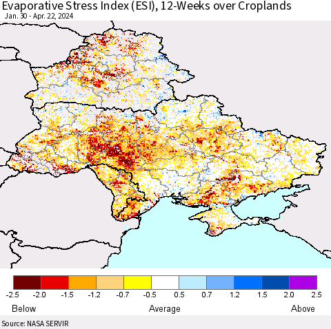 Ukraine, Moldova and Belarus Evaporative Stress Index (ESI), 12-Weeks over Croplands Thematic Map For 4/22/2024 - 4/28/2024