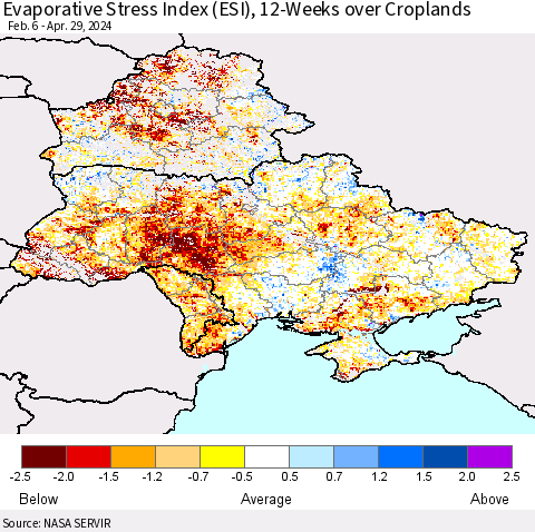 Ukraine, Moldova and Belarus Evaporative Stress Index (ESI), 12-Weeks over Croplands Thematic Map For 4/29/2024 - 5/5/2024