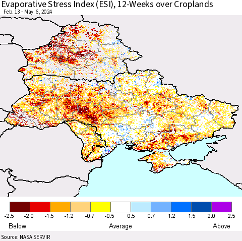 Ukraine, Moldova and Belarus Evaporative Stress Index (ESI), 12-Weeks over Croplands Thematic Map For 5/6/2024 - 5/12/2024