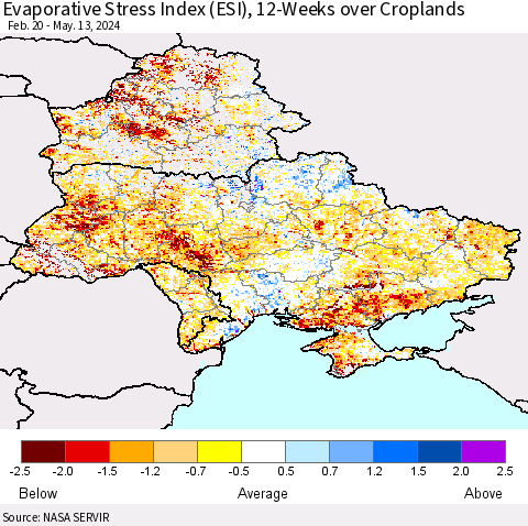Ukraine, Moldova and Belarus Evaporative Stress Index (ESI), 12-Weeks over Croplands Thematic Map For 5/13/2024 - 5/19/2024