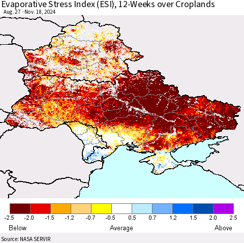 Ukraine, Moldova and Belarus Evaporative Stress Index (ESI), 12-Weeks over Croplands Thematic Map For 11/18/2024 - 11/24/2024