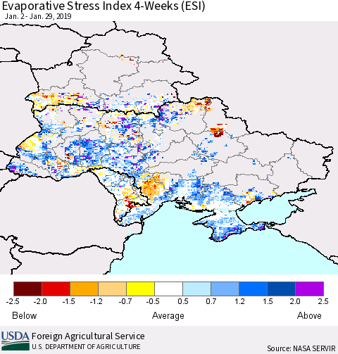 Ukraine, Moldova and Belarus Evaporative Stress Index (ESI), 4-Weeks Thematic Map For 1/28/2019 - 2/3/2019