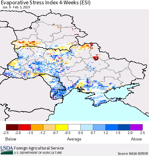 Ukraine, Moldova and Belarus Evaporative Stress Index (ESI), 4-Weeks Thematic Map For 2/4/2019 - 2/10/2019