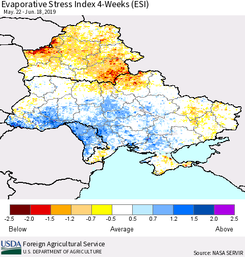 Ukraine, Moldova and Belarus Evaporative Stress Index (ESI), 4-Weeks Thematic Map For 6/17/2019 - 6/23/2019