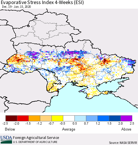 Ukraine, Moldova and Belarus Evaporative Stress Index (ESI), 4-Weeks Thematic Map For 1/13/2020 - 1/19/2020
