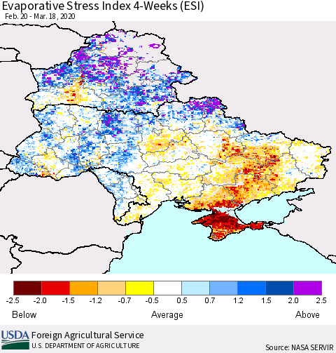 Ukraine, Moldova and Belarus Evaporative Stress Index (ESI), 4-Weeks Thematic Map For 3/16/2020 - 3/22/2020