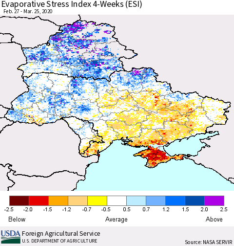 Ukraine, Moldova and Belarus Evaporative Stress Index (ESI), 4-Weeks Thematic Map For 3/23/2020 - 3/29/2020