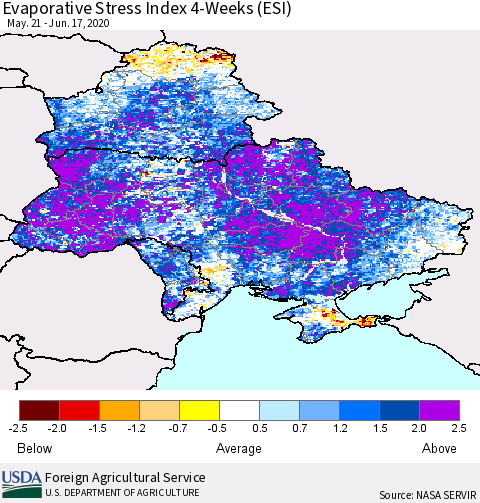 Ukraine, Moldova and Belarus Evaporative Stress Index (ESI), 4-Weeks Thematic Map For 6/15/2020 - 6/21/2020