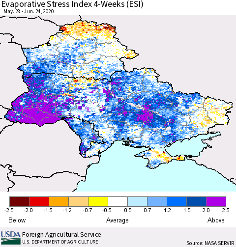 Ukraine, Moldova and Belarus Evaporative Stress Index (ESI), 4-Weeks Thematic Map For 6/22/2020 - 6/28/2020