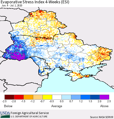 Ukraine, Moldova and Belarus Evaporative Stress Index (ESI), 4-Weeks Thematic Map For 6/29/2020 - 7/5/2020