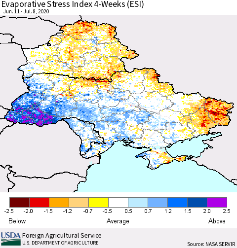Ukraine, Moldova and Belarus Evaporative Stress Index (ESI), 4-Weeks Thematic Map For 7/6/2020 - 7/12/2020