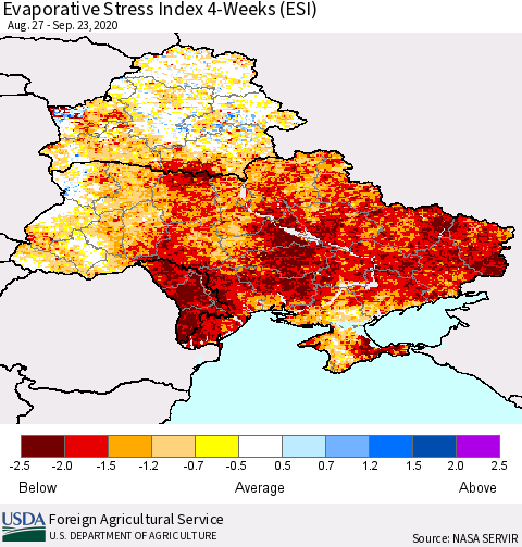 Ukraine, Moldova and Belarus Evaporative Stress Index (ESI), 4-Weeks Thematic Map For 9/21/2020 - 9/27/2020