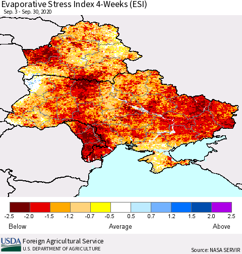 Ukraine, Moldova and Belarus Evaporative Stress Index (ESI), 4-Weeks Thematic Map For 9/28/2020 - 10/4/2020