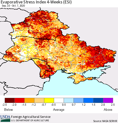 Ukraine, Moldova and Belarus Evaporative Stress Index (ESI), 4-Weeks Thematic Map For 10/5/2020 - 10/11/2020
