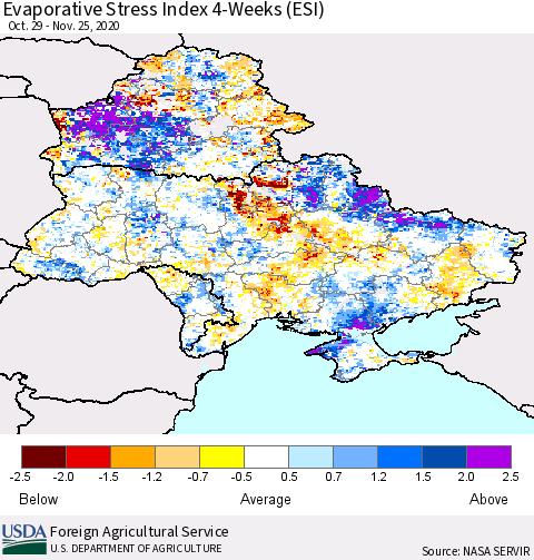 Ukraine, Moldova and Belarus Evaporative Stress Index (ESI), 4-Weeks Thematic Map For 11/23/2020 - 11/29/2020