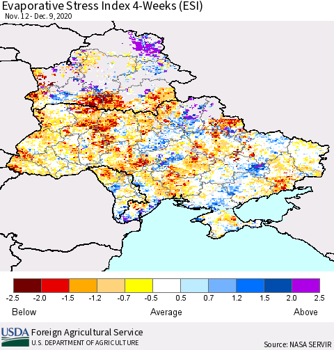 Ukraine, Moldova and Belarus Evaporative Stress Index (ESI), 4-Weeks Thematic Map For 12/7/2020 - 12/13/2020