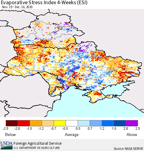 Ukraine, Moldova and Belarus Evaporative Stress Index (ESI), 4-Weeks Thematic Map For 12/14/2020 - 12/20/2020