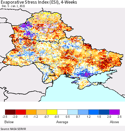 Ukraine, Moldova and Belarus Evaporative Stress Index (ESI), 4-Weeks Thematic Map For 12/28/2020 - 1/3/2021
