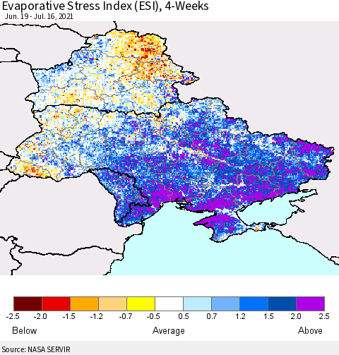 Ukraine, Moldova and Belarus Evaporative Stress Index (ESI), 4-Weeks Thematic Map For 7/12/2021 - 7/18/2021