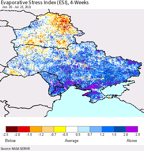 Ukraine, Moldova and Belarus Evaporative Stress Index (ESI), 4-Weeks Thematic Map For 7/19/2021 - 7/25/2021