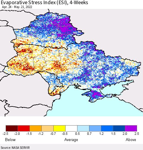 Ukraine, Moldova and Belarus Evaporative Stress Index (ESI), 4-Weeks Thematic Map For 5/16/2022 - 5/22/2022