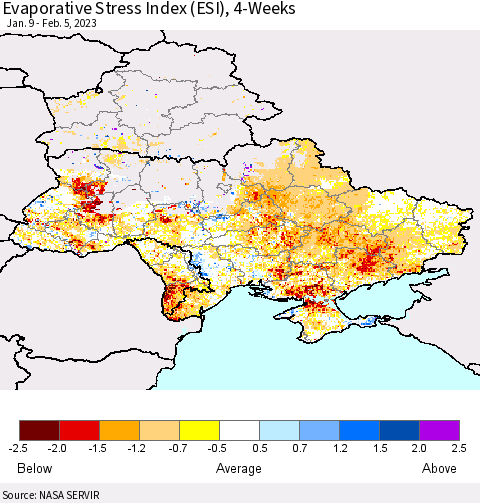 Ukraine, Moldova and Belarus Evaporative Stress Index (ESI), 4-Weeks Thematic Map For 1/30/2023 - 2/5/2023