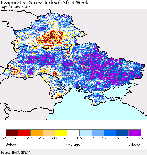 Ukraine, Moldova and Belarus Evaporative Stress Index (ESI), 4-Weeks Thematic Map For 5/1/2023 - 5/7/2023