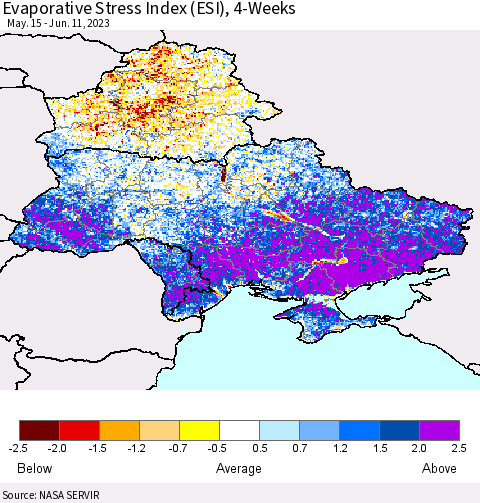 Ukraine, Moldova and Belarus Evaporative Stress Index (ESI), 4-Weeks Thematic Map For 6/5/2023 - 6/11/2023