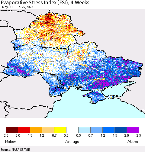 Ukraine, Moldova and Belarus Evaporative Stress Index (ESI), 4-Weeks Thematic Map For 6/19/2023 - 6/25/2023