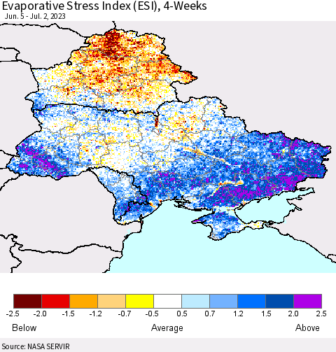 Ukraine, Moldova and Belarus Evaporative Stress Index (ESI), 4-Weeks Thematic Map For 6/26/2023 - 7/2/2023