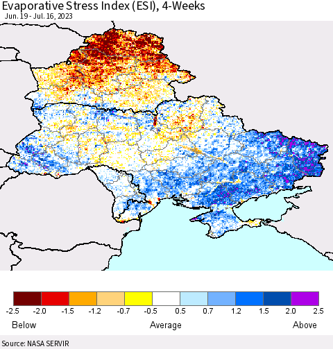 Ukraine, Moldova and Belarus Evaporative Stress Index (ESI), 4-Weeks Thematic Map For 7/10/2023 - 7/16/2023