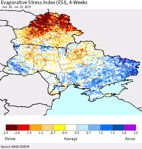 Ukraine, Moldova and Belarus Evaporative Stress Index (ESI), 4-Weeks Thematic Map For 7/17/2023 - 7/23/2023