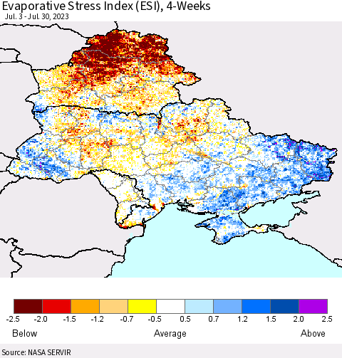 Ukraine, Moldova and Belarus Evaporative Stress Index (ESI), 4-Weeks Thematic Map For 7/24/2023 - 7/30/2023