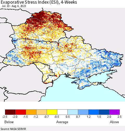 Ukraine, Moldova and Belarus Evaporative Stress Index (ESI), 4-Weeks Thematic Map For 7/31/2023 - 8/6/2023