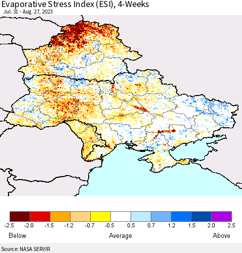 Ukraine, Moldova and Belarus Evaporative Stress Index (ESI), 4-Weeks Thematic Map For 8/21/2023 - 8/27/2023