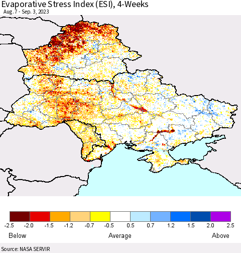 Ukraine, Moldova and Belarus Evaporative Stress Index (ESI), 4-Weeks Thematic Map For 8/28/2023 - 9/3/2023
