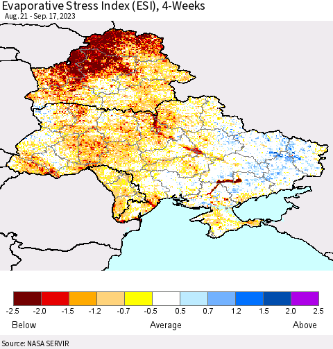 Ukraine, Moldova and Belarus Evaporative Stress Index (ESI), 4-Weeks Thematic Map For 9/11/2023 - 9/17/2023