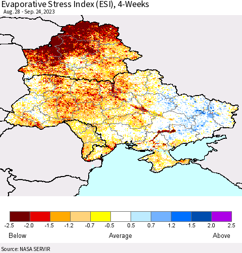 Ukraine, Moldova and Belarus Evaporative Stress Index (ESI), 4-Weeks Thematic Map For 9/18/2023 - 9/24/2023