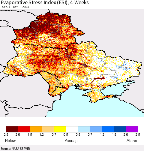Ukraine, Moldova and Belarus Evaporative Stress Index (ESI), 4-Weeks Thematic Map For 9/25/2023 - 10/1/2023