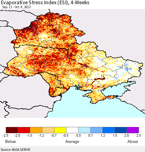 Ukraine, Moldova and Belarus Evaporative Stress Index (ESI), 4-Weeks Thematic Map For 10/2/2023 - 10/8/2023