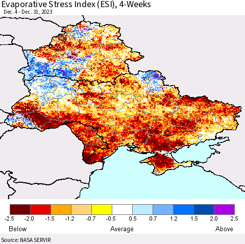 Ukraine, Moldova and Belarus Evaporative Stress Index (ESI), 4-Weeks Thematic Map For 1/1/2024 - 1/7/2024