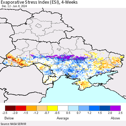 Ukraine, Moldova and Belarus Evaporative Stress Index (ESI), 4-Weeks Thematic Map For 1/8/2024 - 1/14/2024