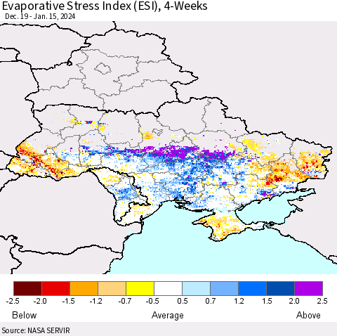 Ukraine, Moldova and Belarus Evaporative Stress Index (ESI), 4-Weeks Thematic Map For 1/15/2024 - 1/21/2024